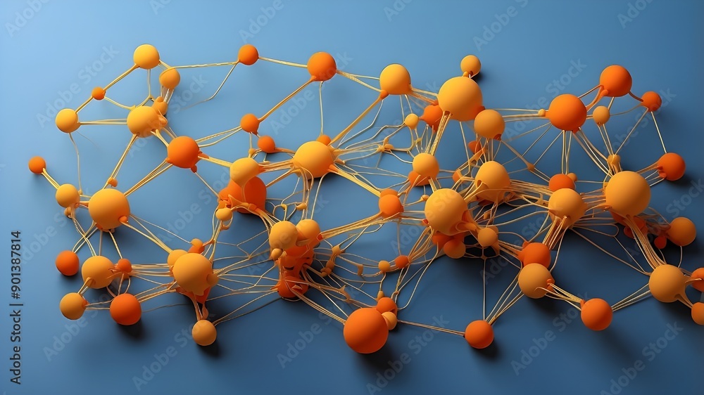 Poster a sophisticated network representing connectedness with orange and yellow nodes on a gentle blue gra