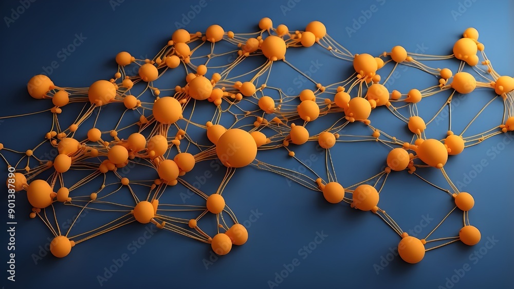 Poster a sophisticated network representing connectedness with orange and yellow nodes on a gentle blue gra