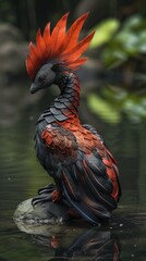 Fototapeta premium A fantastical bird with fiery plumage sits quietly by the water's edge