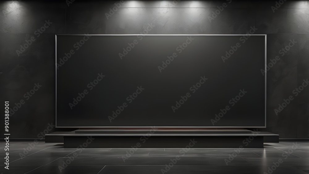 Poster front view of a blank black billboard including a glossy floor,a dark concrete wall backdrop, and ro