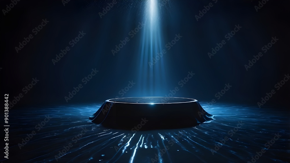 Poster a pitch-black, damp surface with overhead light beams on top set against a deep blue backdrop, repre