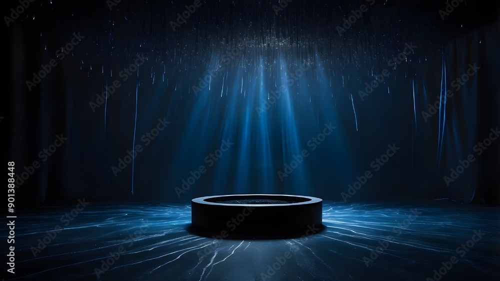 Poster a pitch-black, damp surface with overhead light beams on top set against a deep blue backdrop, repre