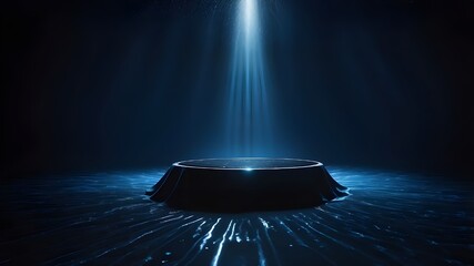 A pitch-black, damp surface with overhead light beams on top set against a deep blue backdrop, representing a notion of optimism or discovery.