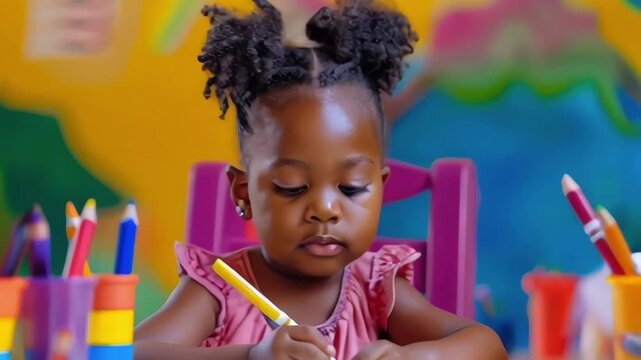 Cute kindergarten girl sitting at the table in a room drawing painting. Arts education fun activities