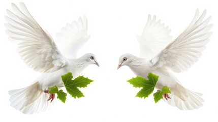 Obraz premium Two White Doves Flying Together With Green Leaves in Their Beaks