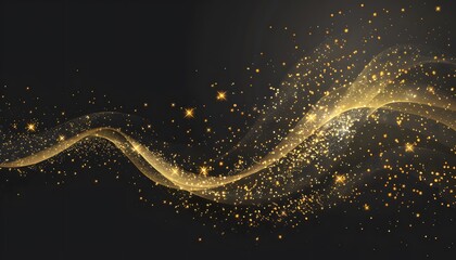 Stars with glowing golden sparkles, vector light effects on black background. Bright shining glitter sparks of gold stars with waves of sparkling dust trail, Christmas, magic or space themes 