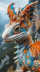 A vibrant fantasy creature with colorful scales explores the mountainous landscape