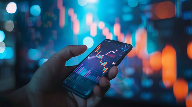 Hand holding a smartphone with stock market data displayed on the screen. The background is a blurred image of stock market data.