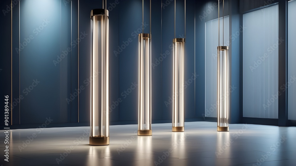 Poster elegant vertical lighting fixtures that reflect on a shiny floor and create a foggy atmosphere. idea