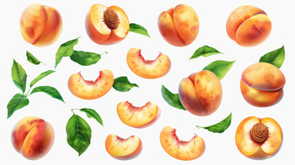 Fototapeta premium A high-resolution image showcasing a set of fresh, ripe peaches and their different parts. This includes whole peaches, halved peaches, slices, and peach leaves. The image emphasizes the textures and 