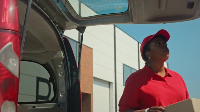Low angle handheld shot of black female delivery agent taking cardboard package out of van trunk outdoors