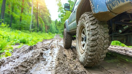 Fototapeta premium Off-Road Vehicle Navigating Muddy Trail in Lush Forest During Daylight
