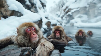 Group of Japanese macaques relaxing in a hot spring surrounded by snow-covered rocks. The monkeys exhibit calm and content expressions while soaking in the warm water.