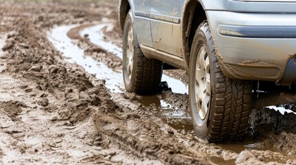 Vehicle Maneuvering Through Muddy Terrain in Rural Landscape