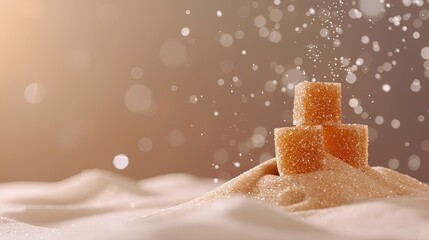 Golden Sugar Cubes Piled on Fine Sugar With Sparkling Background