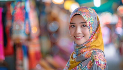 Fototapeta premium A portrait of an attractive beautiful young Muslim woman in colorful and headscarf smiling at the camera. Outdoor market scene