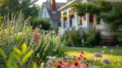 Close-up of a mix of perennials and annuals in a front garden, with the house charming porch visible in the background.