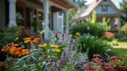 Close-up of a mix of perennials and annuals in a front garden, with the house charming porch visible in the background.
