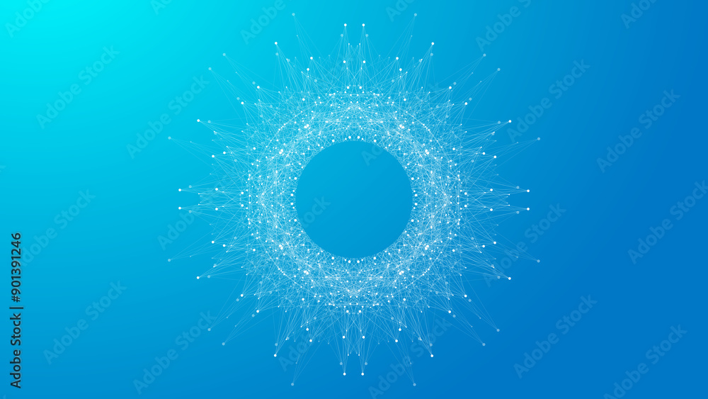 Poster Scientific illustration quantum computer technology. Plexus fiction effect. Deep learning artificial intelligence. Big data algorithms visualization. Quantum explosion background.