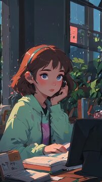 Lofi anime girl sitting at a desk cluttered with books and a laptop