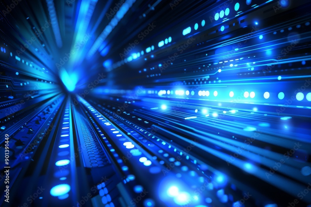 Poster high speed data transfer visualized through blue light streaks illustrating the rapid and dynamic na