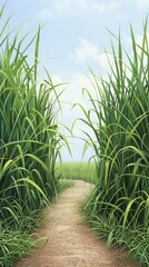 Scenic Pathway Surrounded by Tall Grass on a Clear Day