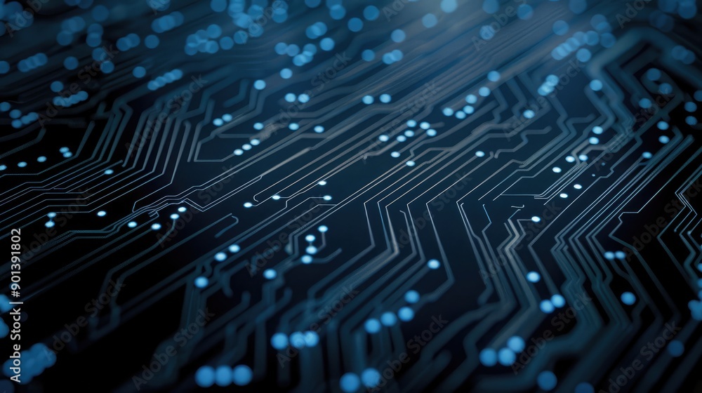 Poster digital circuit board pattern on a dark background, symbolizing technology and connection