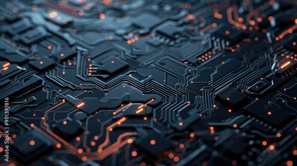 Poster digital circuit board pattern on a dark background, symbolizing technology and connection