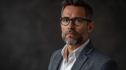 Fototapeta premium A professional software developer in sharp attire, captured in a minimalistic studio portrait with a Canon 85mm lens. Suitable for technology and business-related content.