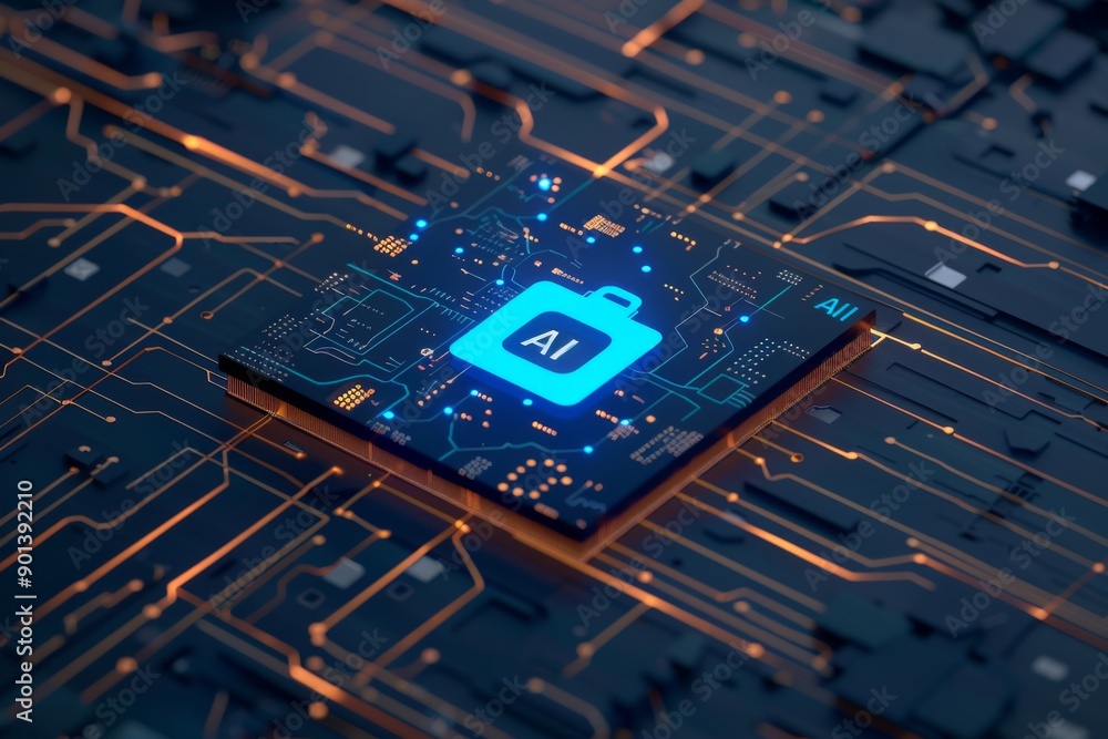 Poster close up of a glowing blue ai chip on a circuit board representing advanced technology and the integ