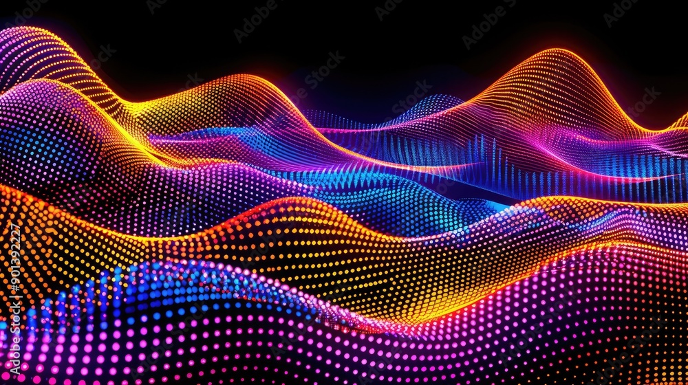 Poster digital wave pattern on a dark background, representing technology and innovation.