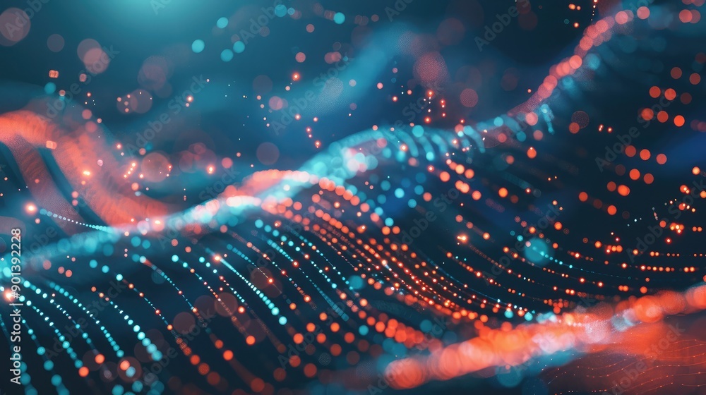 Poster digital wave pattern on a dark background, representing technology and innovation.