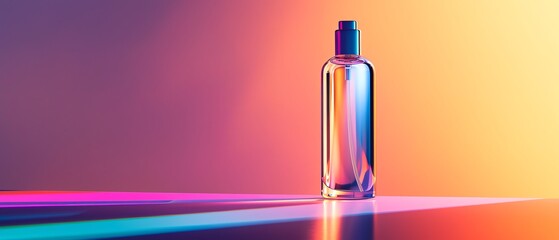 Naklejka premium A clear glass bottle with a black cap, showcased against a vibrant multicolored background, creating a stunning visual effect.