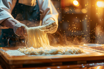 a chef hand-pulling traditional udon noodles in a traditional kitchen, close-up composition, warm ambient lighting, blurred background