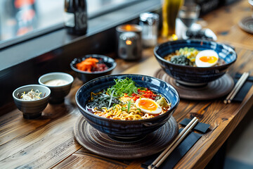 Ramen noodles with seasonings in bowls and chopsticks sit on a wooden table near the window.