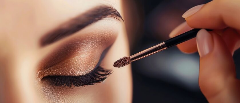 Close-up of a makeup artist applying eyeshadow to a model's eyelids, enhancing her beauty with precision and professional technique.