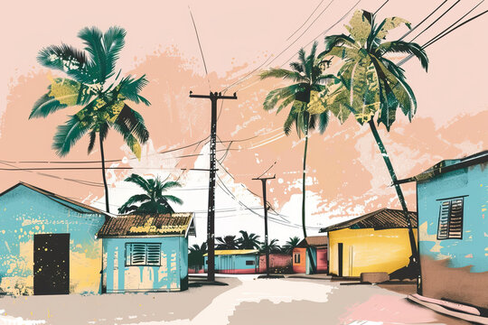 Risograph artistic riso print travel poster, card, wallpaper or banner illustration, modern, isolated, clear, simple of Gemena, Democratic Republic of the Congo