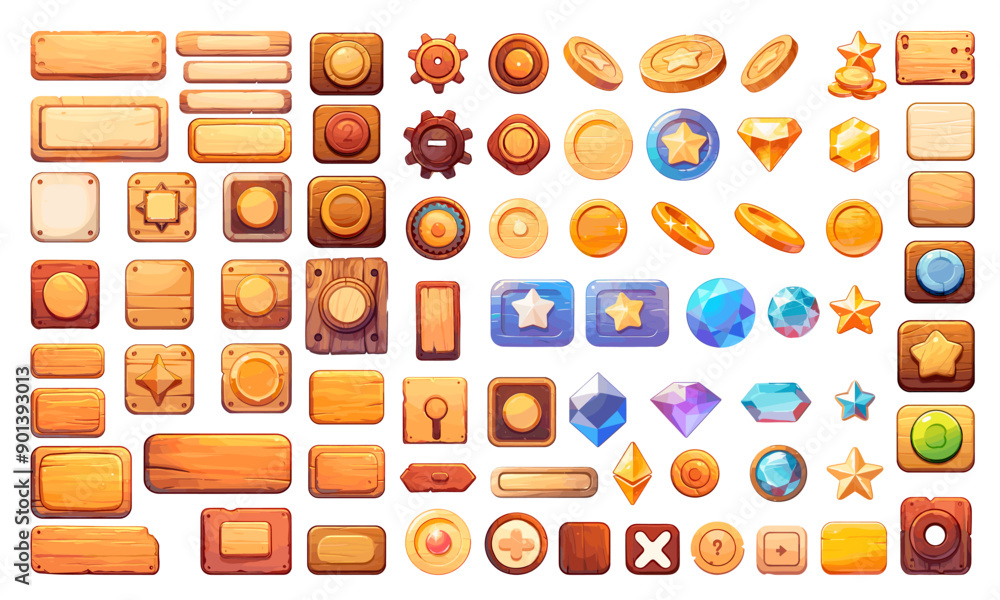 Poster buttons set cartoon. element interface slider game menu star coin reward bonus tree. vector illustra