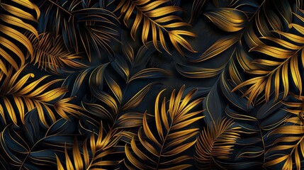 Tropical leaves of dark blue and green color, shiny golden light texture. Luxurious gold wallpaper. Black and gold background.