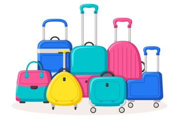 Bon Voyage concept. Traveling suitcases and bags on wheels. Cabin luggage and check in baggage