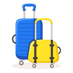 Bon Voyage concept. Traveling suitcases and bags on wheels. Cabin luggage and check in baggage
