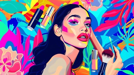 Colorful digital illustration of a woman with bold makeup, surrounded by vibrant brushes and lipstick in a dynamic, artistic background.
