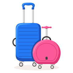 Bon Voyage concept. Traveling suitcases and bags on wheels. Cabin luggage and check in baggage