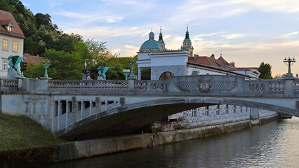 Ljubljana city on the banks of Ljubljanica river 