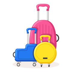 Bon Voyage concept. Traveling suitcases and bags on wheels. Cabin luggage and check in baggage