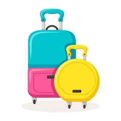 Bon Voyage concept. Traveling suitcases and bags on wheels. Cabin luggage and check in baggage