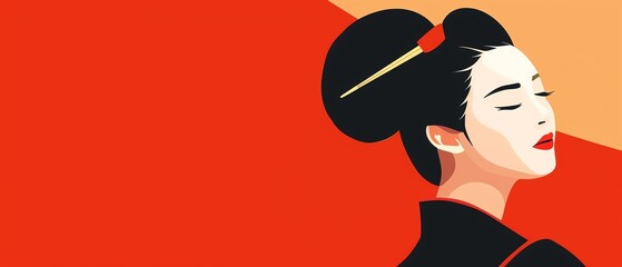 Minimalistic vector illustration of a traditional Japanese woman with a serene expression, set against a bold red and orange background.