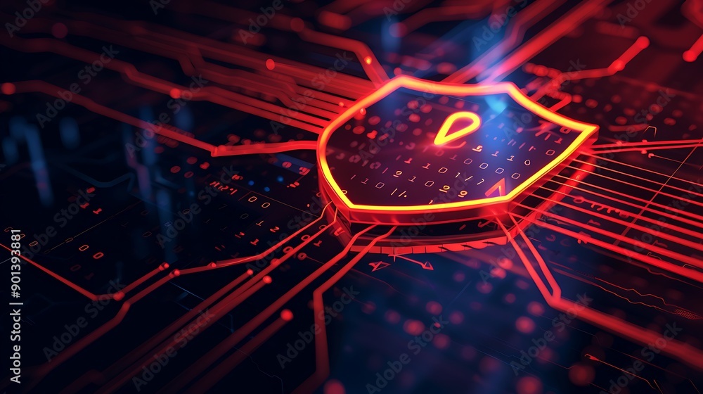 Aufkleber glowing red shield with a location marker symbol in the center, representing digital security and pr