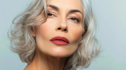 Fototapeta premium Portrait of an elegant woman with gray hair and red lipstick. Close-up shot highlighting mature beauty and confidence, isolated on light background.