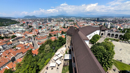 panorama of Ljubljana town seen from the top of the Ljubljana castle in bright spring day